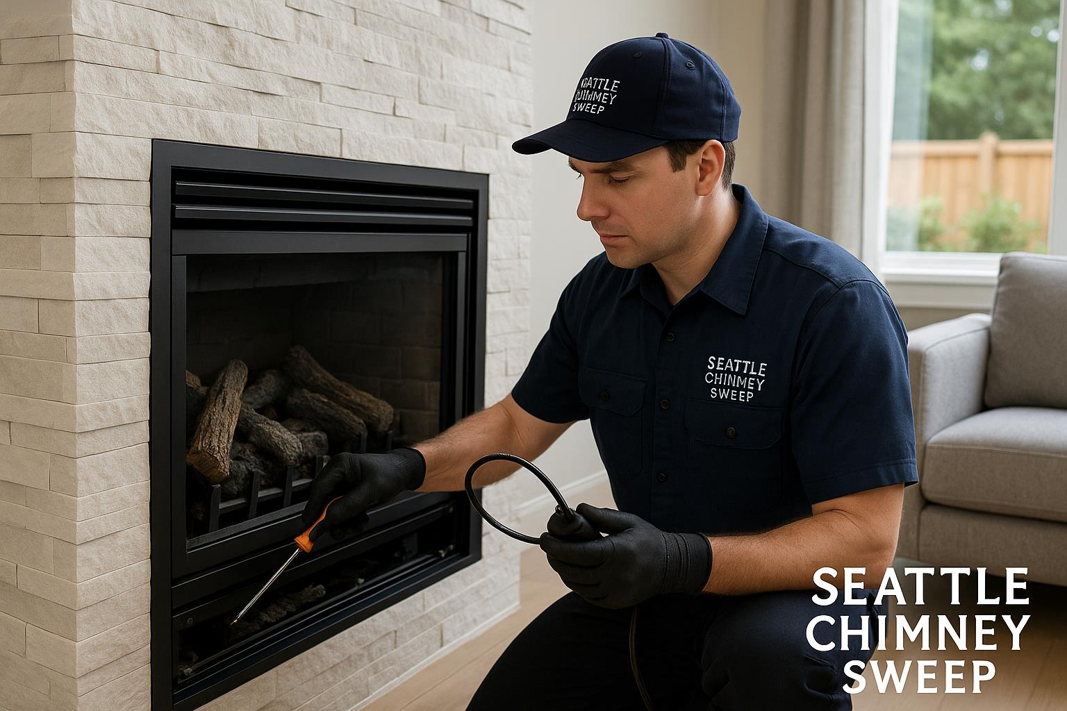 Technician from Seattle Chimney Sweep performing professional gas fireplace service in a modern living room, wearing branded uniform and cap.
